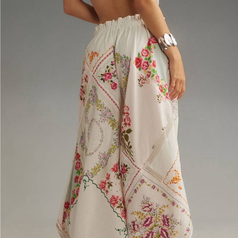 By Anthropologie Patchwork Linen Wide- Leg Crop Pants Petite XS 0-2